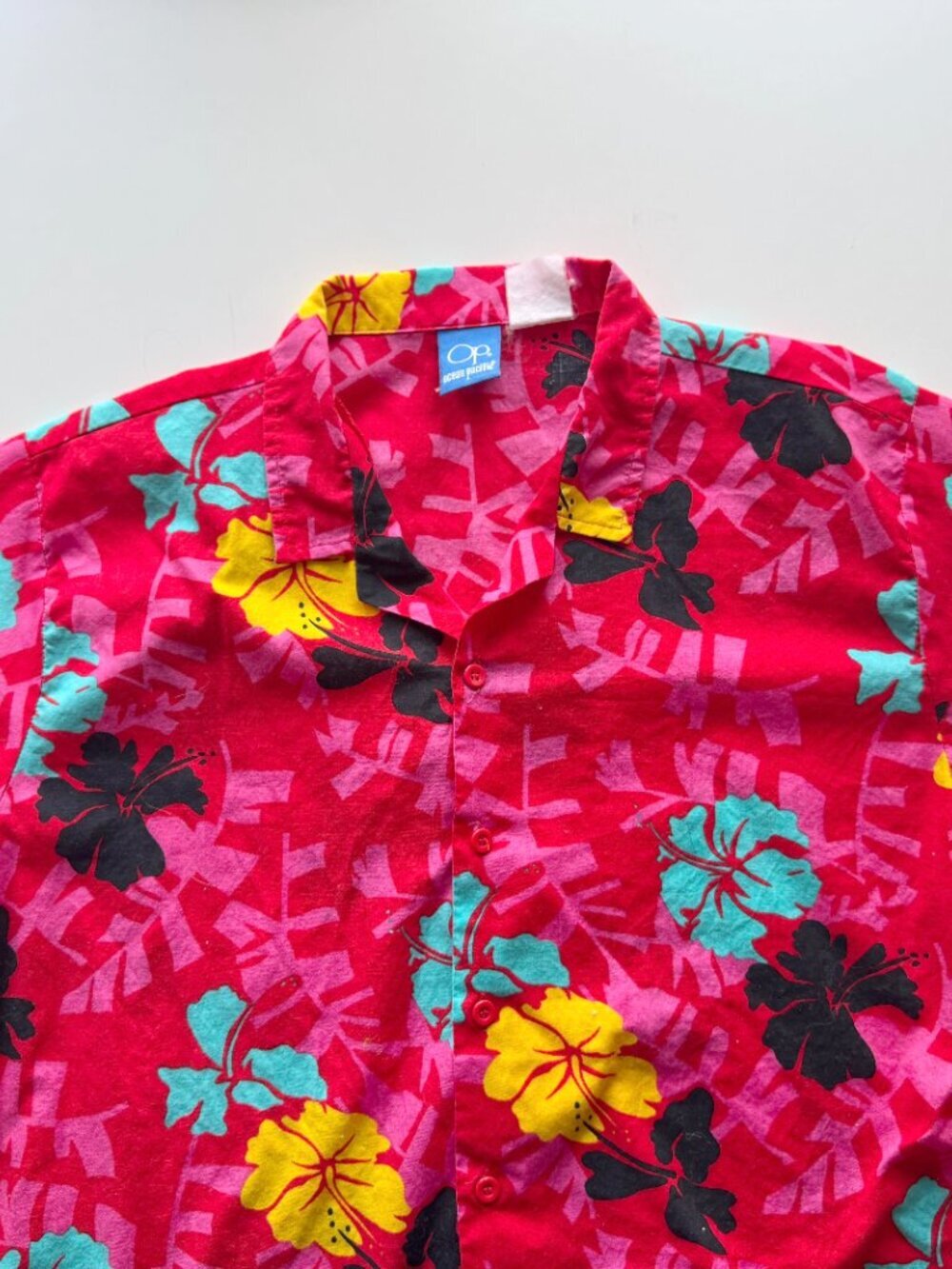 Vintage OP OCEAN PACIFIC Red Floral Cotton Short Sleeve Hawaiian Shirt, Size L - Picture 4 of 8